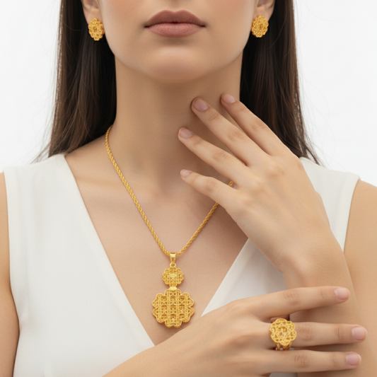 Gold Lattice Jewelry Set - 21k