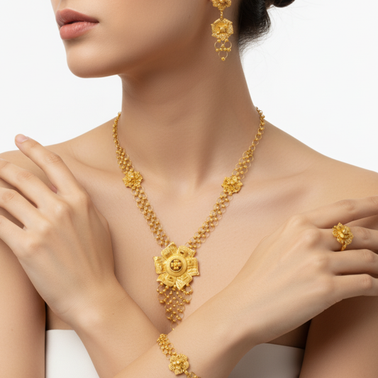 Gold Flower Jewelry Set - 21k